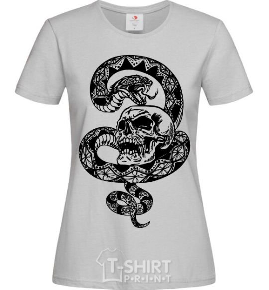 Women's T-shirt A snake with a pattern and a skull grey фото