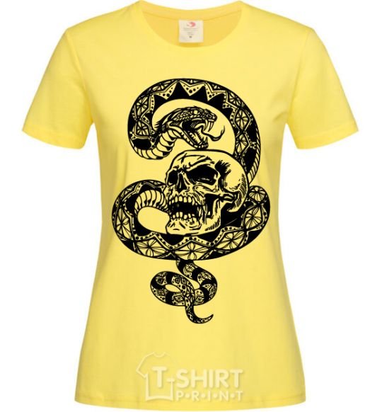 Women's T-shirt A snake with a pattern and a skull cornsilk фото