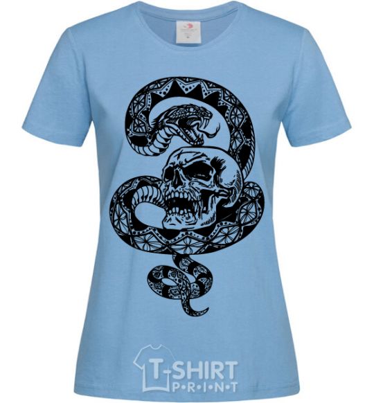 Women's T-shirt A snake with a pattern and a skull sky-blue фото