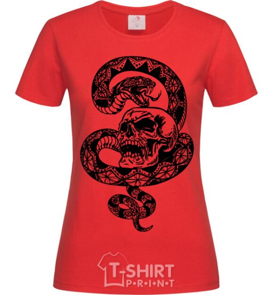 Women's T-shirt A snake with a pattern and a skull red фото