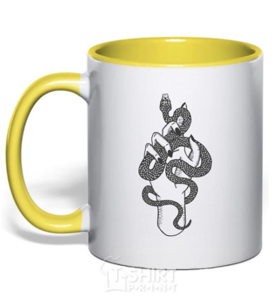 Mug with a colored handle A woman's hand with a snake yellow фото