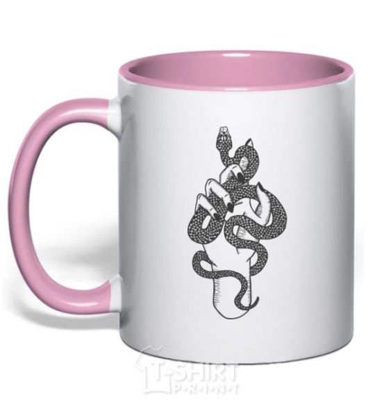 Mug with a colored handle A woman's hand with a snake light-pink фото