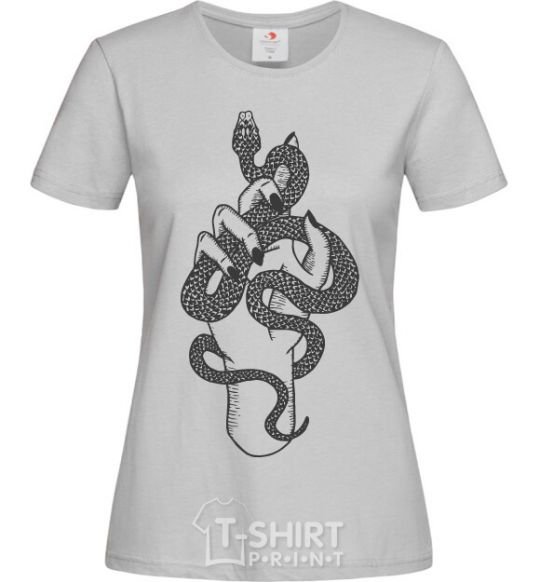 Women's T-shirt A woman's hand with a snake grey фото