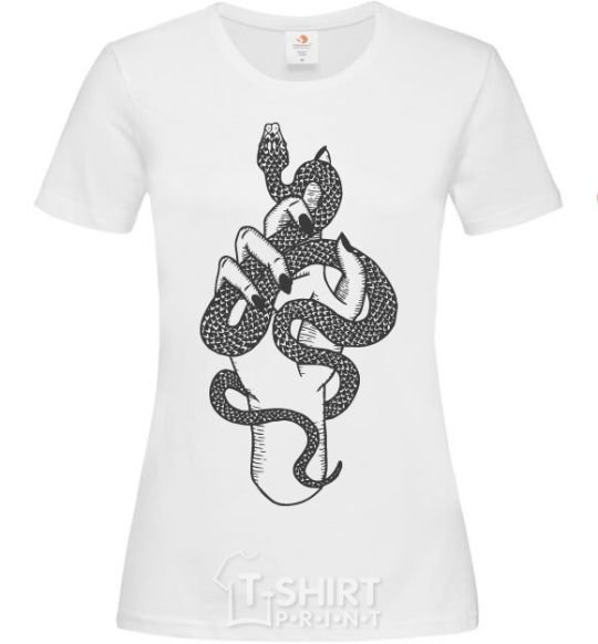 Women's T-shirt A woman's hand with a snake White фото