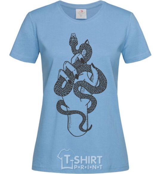 Women's T-shirt A woman's hand with a snake sky-blue фото