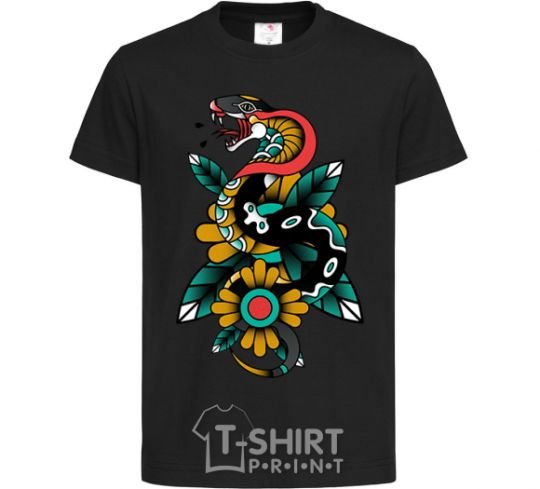 Kids T-shirt A snake on a leaf black фото