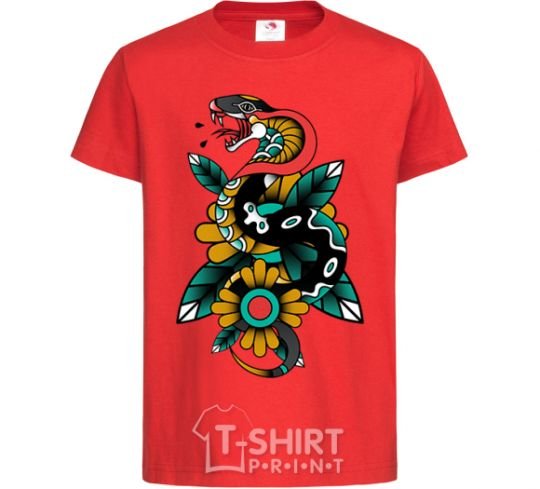 Kids T-shirt A snake on a leaf red фото